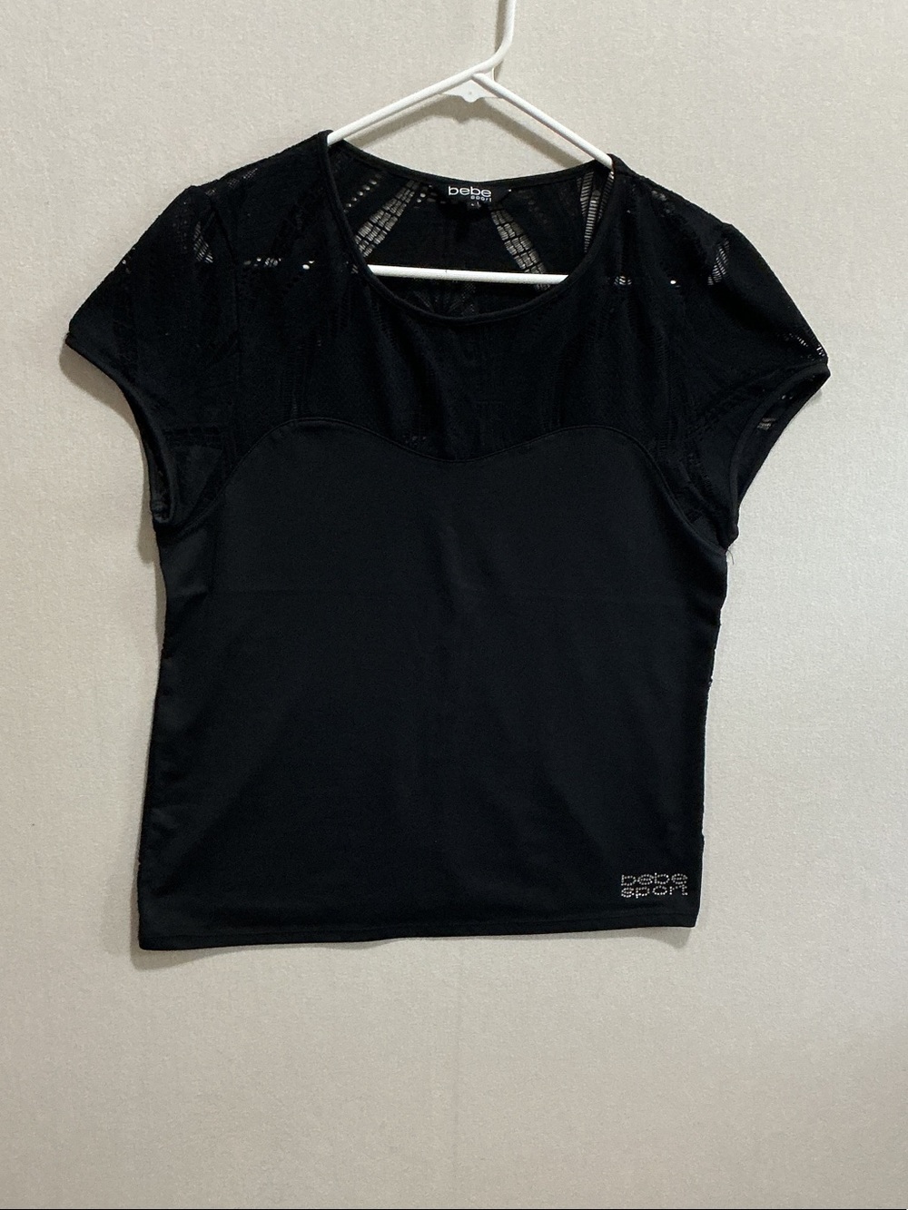 bebe Black Short Sleeve Mesh Yoke Athletic Tee